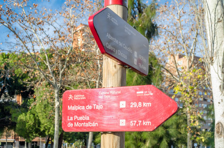 Signs indicating nature trails in the town of Talavera de la Reina, Toledo province, Castilla La Mancha, central Spainの写真素材