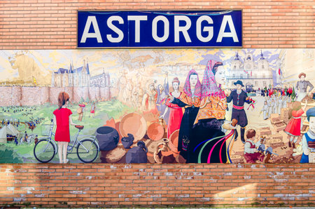 ASTORGA, SPAIN - MARCH 9, 2014: Mural in the Bus Station of Astorga, Spain, which represents the events that have marked the history of the city, as well as symbols of its traditions and customs, made by the artist Inaki Dieguez, in coordination with the のeditorial素材