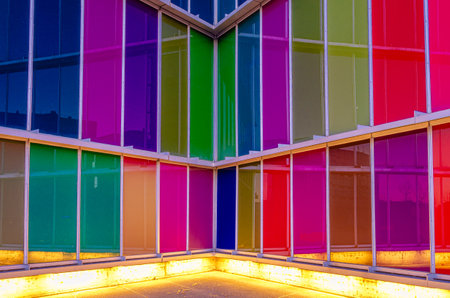 LEON, SPAIN - MARCH 8, 2014: Facade of the Museum of Contemporary Art of Castile and Leon (known as MUSAC) in Leon, Spain, opened in 2005. Designed by the architectural studio of Luis M. Mansilla and Emilio Tunon, the multicolored panels resemble the staiのeditorial素材
