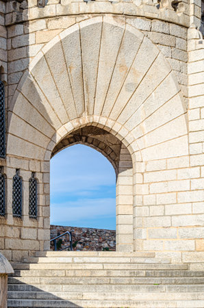 ASTORGA, SPAIN - MARCH 9, 2014: Facade detail of the neo-Gothic Episcopal Palace of Astorga, Castile and Leon, Spain. It was designed by the modernist architect Antoni Gaudi, built between 1889 and 1915のeditorial素材