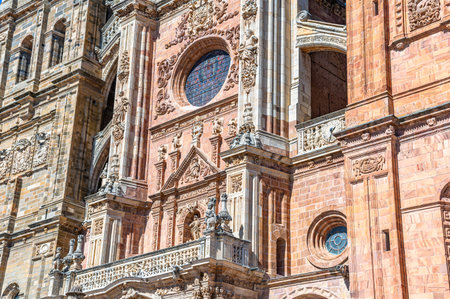 Facade detail of the Gothic cathedral of Astorga, Castile and Leon, Spain, with added elements from Baroque styleの写真素材