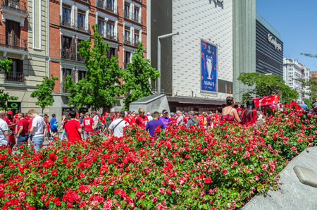 MADRID, SPAIN - JUNE 1, 2019: Liverpool FC fans prior to the match between their team and Tottenham Hotspur in the UEFA Champions League final, held in Madridのeditorial素材