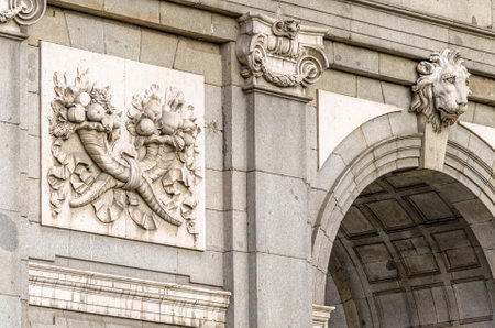 Architectural detail of the Puerta de Alcala, important landmark in Madrid, Spain