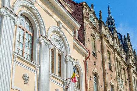 SATU MARE, ROMANIA - SEPTEMBER 23, 2019: Facade of the Dacia Hotel in the city of Satu Mare, Romania, during renovation works; built in 1902 in Hungarian Secession style, today is private propertyのeditorial素材