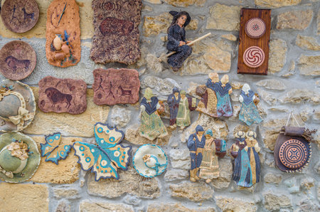 SANTILLANA DEL MAR, SPAIN - MAY 2, 2014: Handmade souvenirs in a typical shop in the village of...