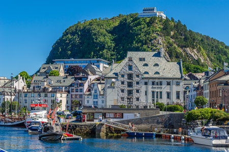 ALESUND, NORWAY - JULY 19, 2014: View of the port of Alesund, More and Romsdal County, Norwayのeditorial素材