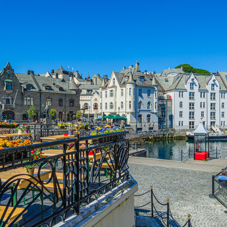 ALESUND, NORWAY - JULY 19, 2014: View of buildings in Alesund, More og Romsdal County, Norway, city known for Art Nouveau architectureのeditorial素材