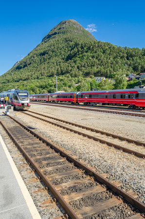 ANDALSNES, NORWAY - JULY 19, 2014: Trains at Andalsnes railway station, More og Romsdal County, Norwayのeditorial素材