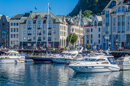 ALESUND, NORWAY - JULY 19, 2014: View of the port of Alesund, More and Romsdal County, Norwayのeditorial素材