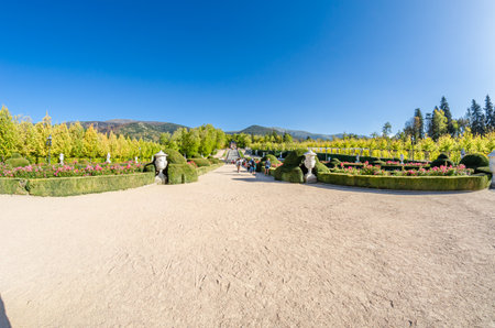 REAL SITIO DE SAN ILDEFONSO, SPAIN - OCTOBER 13: People visiting the gardens of the Royal Palace of La Granja de San Ildefonso, an 18th-century palace in the town of San Ildefonso, Spainのeditorial素材