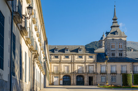 REAL SITIO DE SAN ILDEFONSO, SPAIN - OCTOBER 13, 2019: Detail of the Royal Palace of La Granja de...