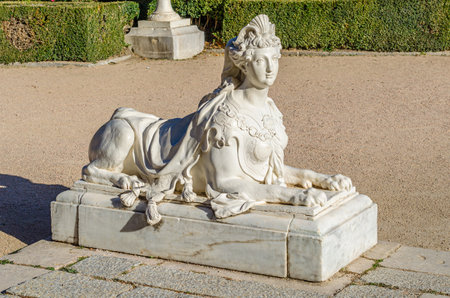 REAL SITIO DE SAN ILDEFONSO, SPAIN - OCTOBER 13: Gardens in the French formal garden style with sculptural fountains at the Royal Palace of La Granja de San Ildefonso, an 18th-century palace in the town of San Ildefonso, Spainのeditorial素材