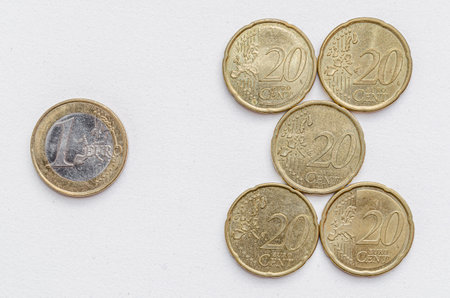 Equivalence of one euro in euro cents coins on white background