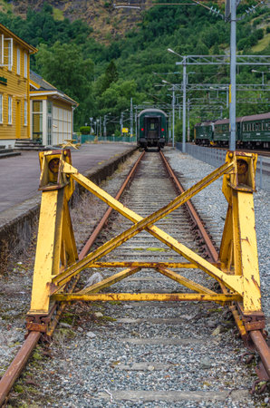 FLAM, NORWAY - JULY 16, 2014: Train at Flam station, belonging to Flam Line (Flamsbana), a railway line between Myrdal and Flam in Norway, one of the most visited tourist attractions in Norwayのeditorial素材