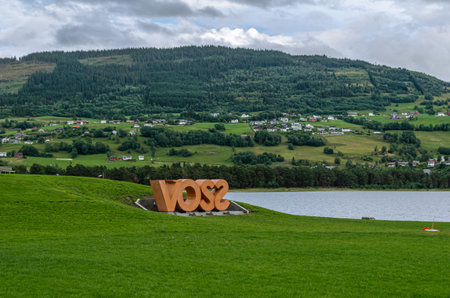VOSSEVANGEN (VOSS), NORWAY - JULY 16, 2014: Letters with the name of the village of Voss, located on the shores of lake Vangsvatnet, in Vestland county, Norwayのeditorial素材