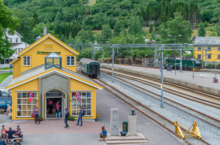 FLAM, NORWAY - JULY 16, 2014: Flam train station and Flam Railway Museum. The Flam Railway (Flamsbana) is a railway line between Myrdal and Flam, one of the most visited tourist attractions in Norwayのeditorial素材