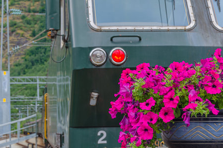 FLAM, NORWAY - JULY 16, 2014: Train at Flam station, belonging to Flam Line (Flamsbana), a railway line between Myrdal and Flam in Norway, one of the most visited tourist attractions in Norwayのeditorial素材