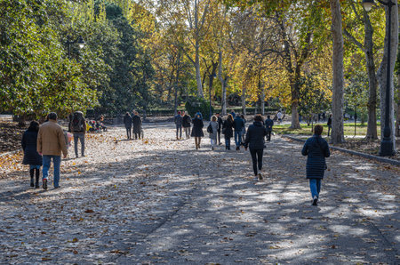 MADRID, SPAIN - NOVEMBER 23, 2019: People walking in Retiro Park in Madrid, Spain, on a sunny autumn dayのeditorial素材