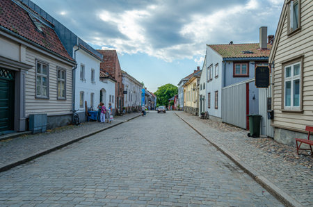 FREDRIKSTAD, NORWAY - JULY 11, 2014: Colorful architecture in the old town of Fredrikstad, Norway