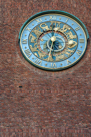 OSLO, NORWAY - JULY 10, 2014: Architectural detail, facade of Oslo City Hall, Norway, constructed...