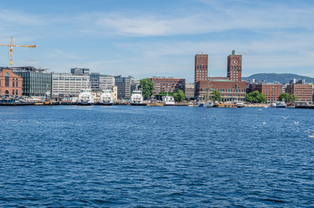 OSLO, NORWAY - JULY 12, 2014: View of the city of Oslo, Norway, from a boat in Oslofjordのeditorial素材