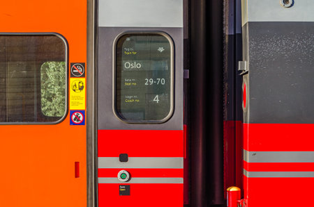 NESBYEN, NORWAY - JULY 17, 2014: Detail of a train carriage on the Bergen-Oslo route, stopped in the...