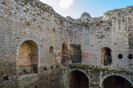 CASTLE RISING, UNITED KINGDOM - OCTOBER 10, 2014: Interior view of Castle Rising Castle, a ruined medieval fortification in the village of Castle Rising, Norfolk, England, built in 1138のeditorial素材