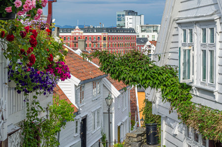 Picturesque wooden houses in the old town of Stavanger, Norwayの写真素材