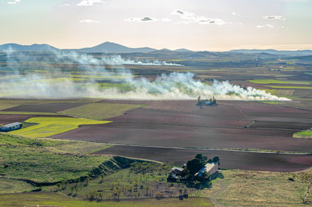 View of the countryside from a viewpoint in the village of Consuegra, Toledo province, Castilla La Mancha, Spainの写真素材
