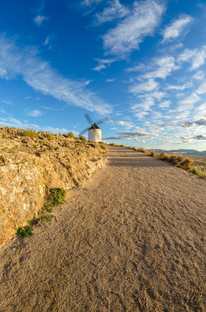 Typical windmills in the village of Consuegra, Toledo province, Castilla La Mancha, Spainの写真素材