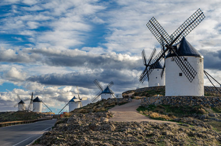 Typical windmills in the village of Consuegra, Toledo province, Castilla La Mancha, Spainの写真素材