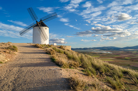 Typical windmills in the village of Consuegra, Toledo province, Castilla La Mancha, Spainの写真素材