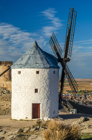 Typical windmills in the village of Consuegra, Toledo province, Castilla La Mancha, Spainの写真素材
