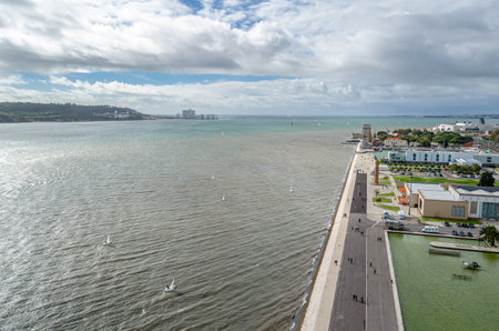 LISBON, PORTUGAL - NOVEMBER 8, 2014: Aerial view of the Tagus River from the top of the Monument of...