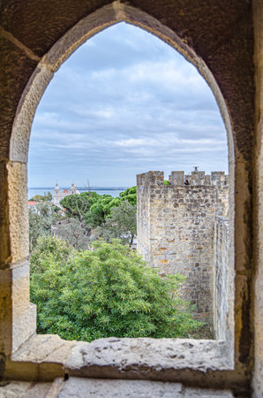 LISBON, PORTUGAL - NOVEMBER 7, 2014: Ancient Sao Jorge Castle in Lisbon, Portugal. Since the 12th century, the castle has variously served as a royal palace, a military barracks, now as a national monument and museumのeditorial素材