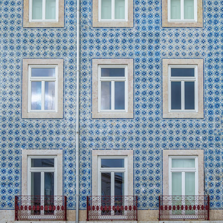 Architectural detail, colorful facades in the old town of Lisbon, Portugalの写真素材