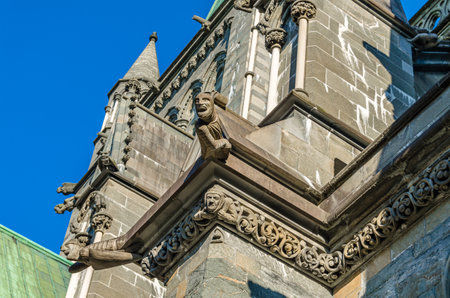 Facade detail of the medieval Nidaros Cathedral in Trondheim, Norwayの写真素材