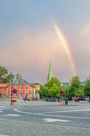 Urban scene, view of the central square of Trondheim (Torvet), Norwayの写真素材