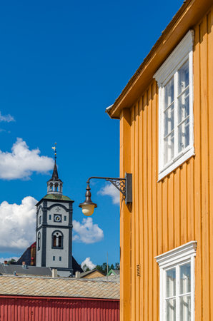 Authentic colorful wooden houses in the mining town of Roros, Norway, a UNESCO World Heritage Siteの写真素材