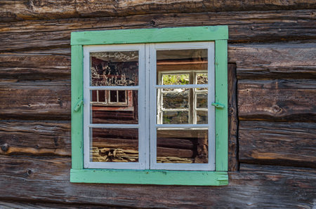Architectural detail of authentic wooden buildings in the mining town of Roros, Norway, a UNESCO...