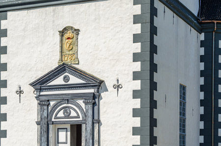 Architectural detail of Roros Church, landmark in the mining town of Roros, Trondelag county, Norway. The octagonal, whitewashed stone church was built in 1784の写真素材