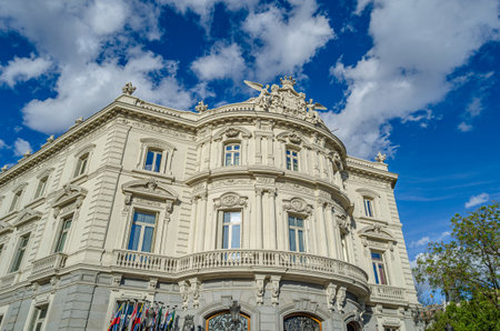 MADRID, SPAIN - APRIL 19, 2015: The Palace of Linares (Palacio de Linares), a neo-Baroque building built between 1877 and 1900, located in Plaza de Cibeles, Madrid, Spain, seat of the Casa de America (America House), a center for cultural exchange betweenのeditorial素材