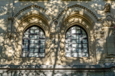 MADRID, SPAIN - APRIL 19, 2015: Facade detail of the Navy Headquarters (Cuartel General de la Armada) building in Madrid, Spain, built in aa neo-Gothic style (1915-1928) by architects Jose Espelius and Francisco Javier Luqueのeditorial素材