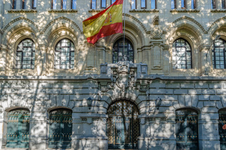 MADRID, SPAIN - APRIL 19, 2015: Facade detail of the Navy Headquarters (Cuartel General de la Armada) building in Madrid, Spain, built in aa neo-Gothic style (1915-1928) by architects Jose Espelius and Francisco Javier Luqueのeditorial素材
