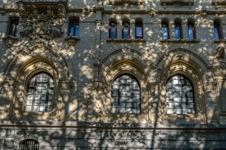 MADRID, SPAIN - APRIL 19, 2015: Facade detail of the Navy Headquarters (Cuartel General de la Armada) building in Madrid, Spain, built in aa neo-Gothic style (1915-1928) by architects Jose Espelius and Francisco Javier Luqueのeditorial素材