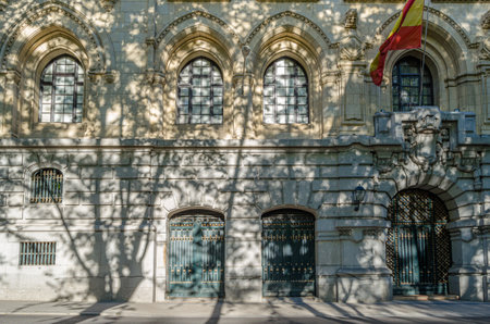MADRID, SPAIN - APRIL 19, 2015: Facade detail of the Navy Headquarters (Cuartel General de la Armada) building in Madrid, Spain, built in aa neo-Gothic style (1915-1928) by architects Jose Espelius and Francisco Javier Luqueのeditorial素材
