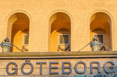 GOTHENBURG, SWEDEN - JULY 9, 2014: Architectural detail of the Gothenburg Museum of Art, Sweden. The museum building was designed for the Gothenburg Exhibition in 1923 by architect Sigfrid Ericsonのeditorial素材