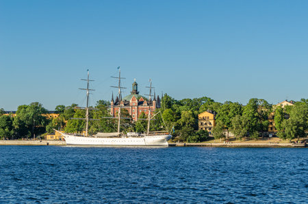STOCKHOLM, SWEDEN - JULY 25, 2014: View of "af Chapman", a full-rigged steel ship moored on the Skeppsholmen islet in central Stockholm, Sweden, now serving as a youth hostelのeditorial素材