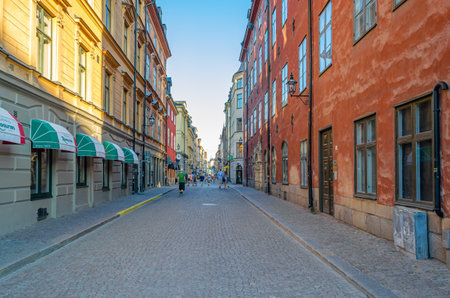 STOCKHOLM, SWEDEN - JULY 25, 2014: View of colorful houses in Gamla stan, the old town of Stockholm, Swedenのeditorial素材