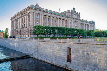 STOCKHOLM, SWEDEN - JULY 25, 2014: Facade of The Parliament House in Stockholm, seat of the Riksdag (parliament and the supreme decision making body of the Kingdom of Sweden), since 1905のeditorial素材